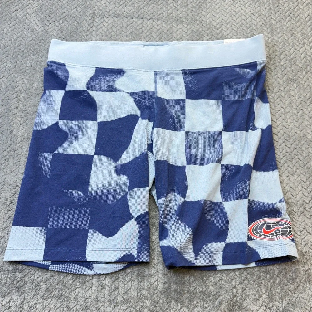Nike Sportswear Checkered Bike Shorts Blue Mid Rise Tight Fit Womens 2X‎